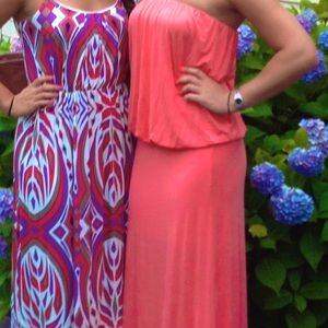 Olivaceous peach strapless maxi dress.